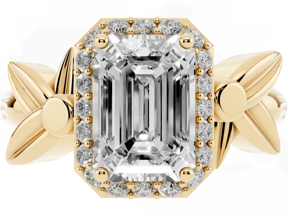 Emerald Cut Halo Diamond Floral Band with Four-Prong Setting Yellow gold