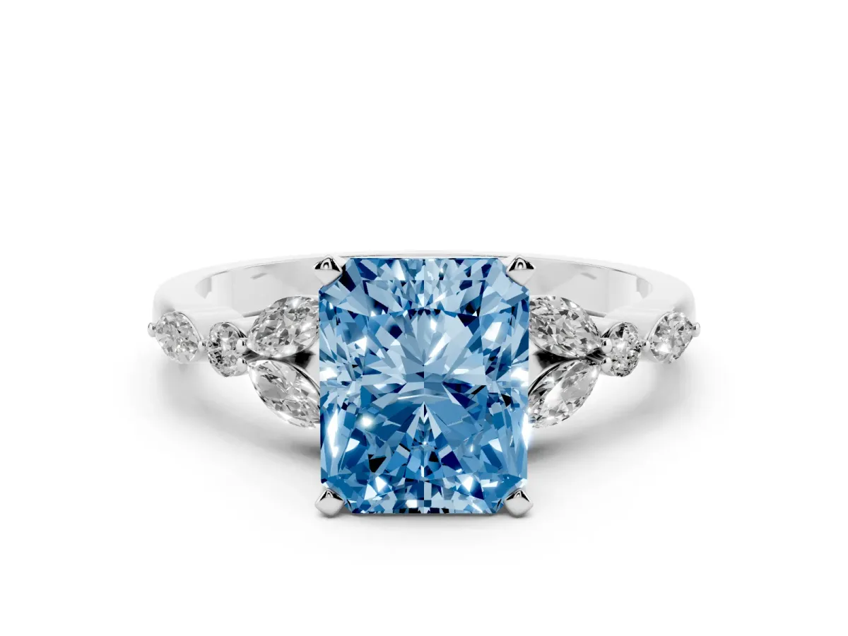 Fancy Blue Radiant Cut Diamond Solitaire Ring with Side Stones and Four-Prong Setting Platinum