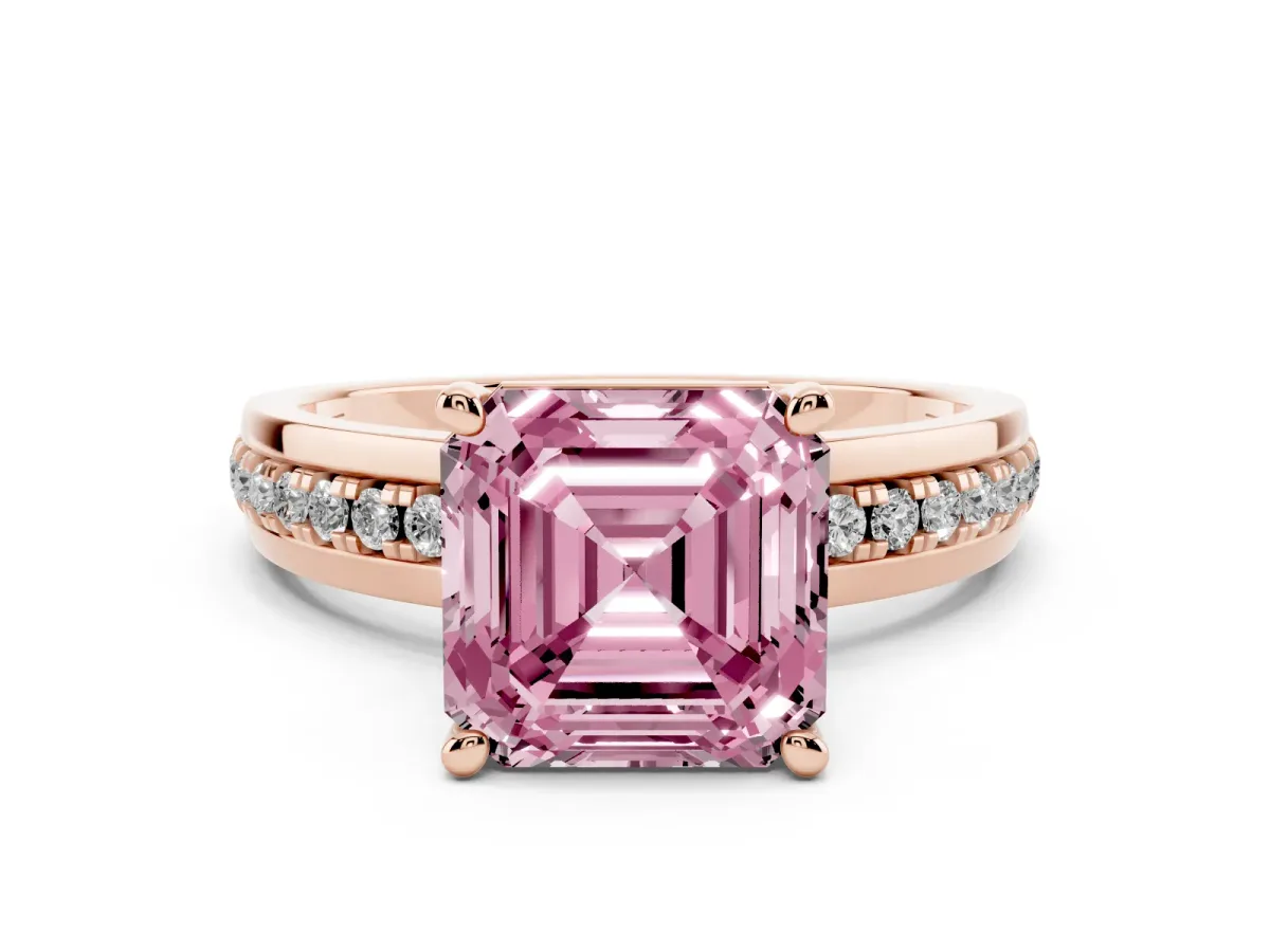 Fancy Pink Asscher Cut Solitaire Diamond Ring with Channel Set Band and Six-Prong Setting Rose gold