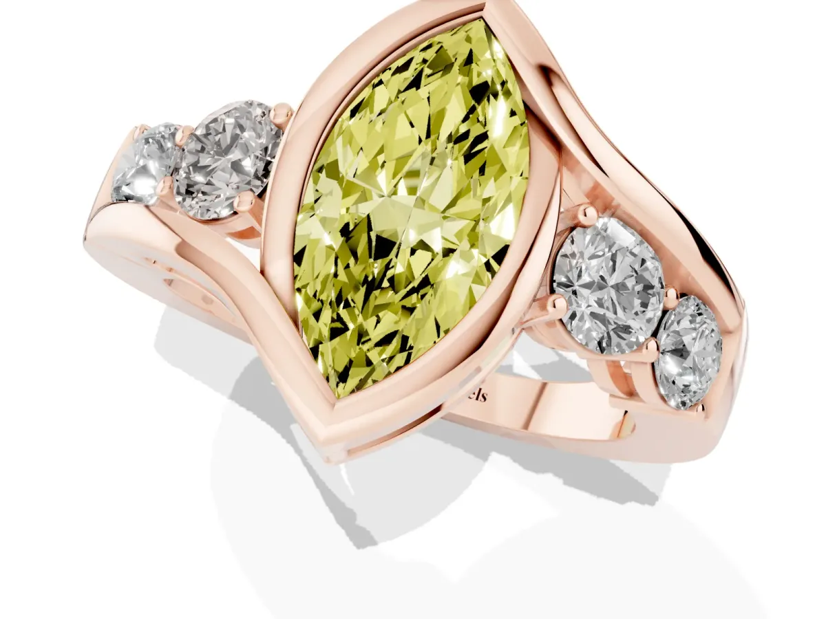 Fancy Yellow Bezel Set Marquise Cut Diamond Bypass Ring with Round Accents Rose gold