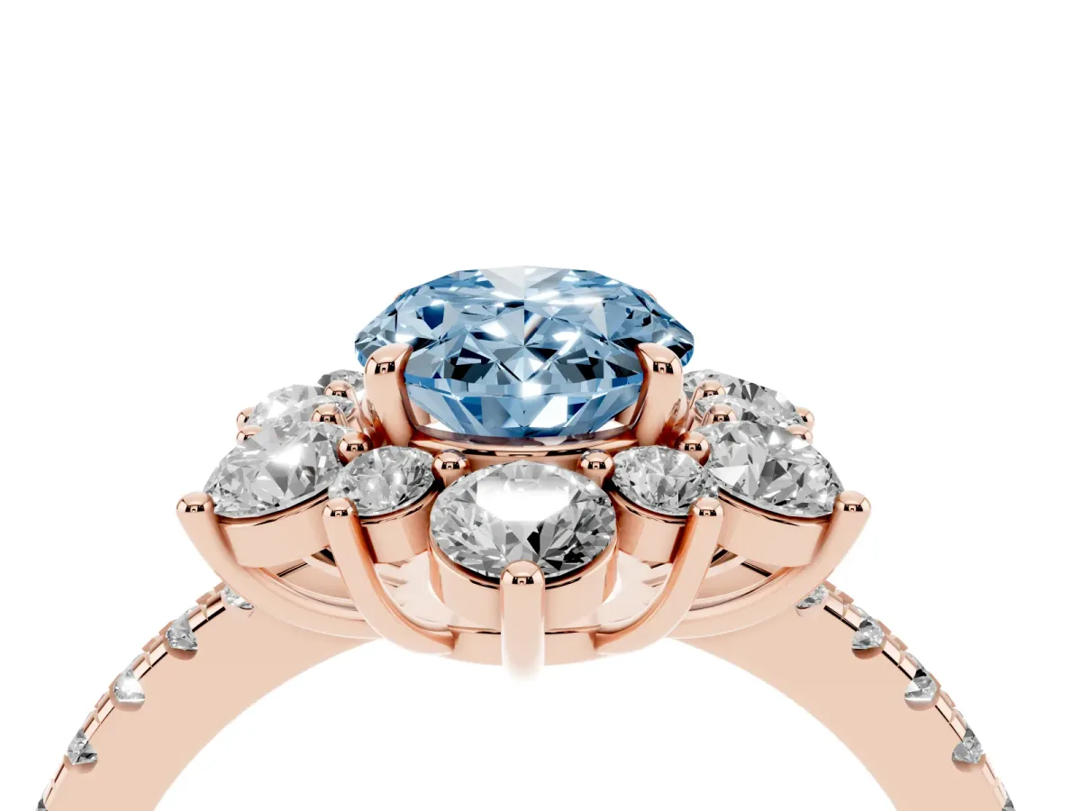 Fancy Blue Oval Cut Diamond Floral Halo Ring with Round Pavé Band and Prong Setting Rose gold
