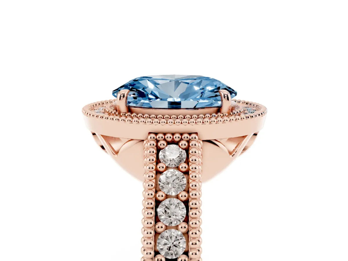 Fancy Blue Oval Cut Cut Halo Diamond Ring with Pavé Band and Four-Prong Setting Rose gold