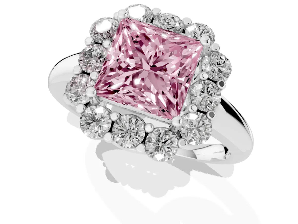 Fancy Pink Princess Cut Halo Milgrain Solitaire with Bezel Set Side Stones and Pave Band Platinum