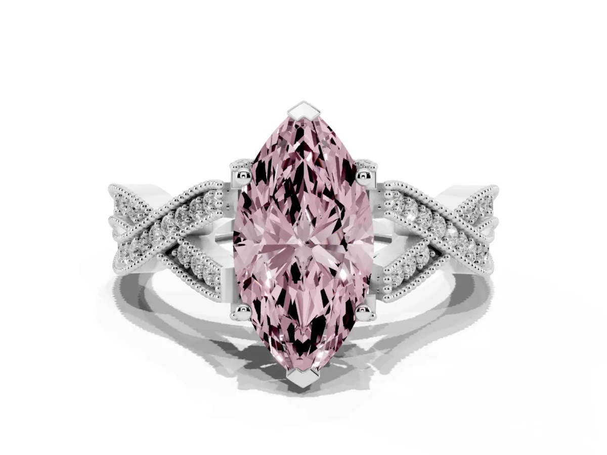 Fancy Pink Marquise Cut Cut Diamond Twisted Band with Milgrain Pave Setting and Four-Prong Setting Silver