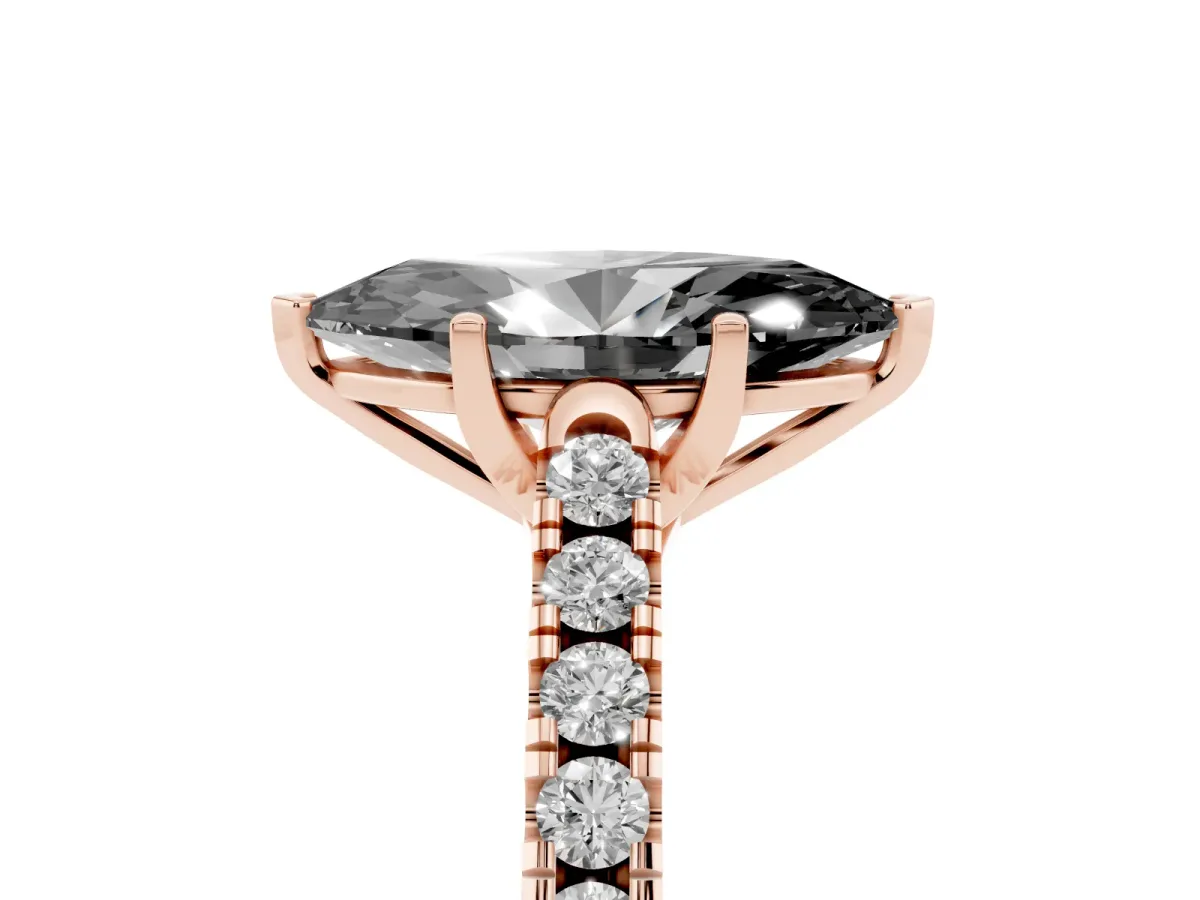 Fancy Black Marquise Cut Diamond Pavé Band Solitaire Ring with Prong Setting Rose gold
