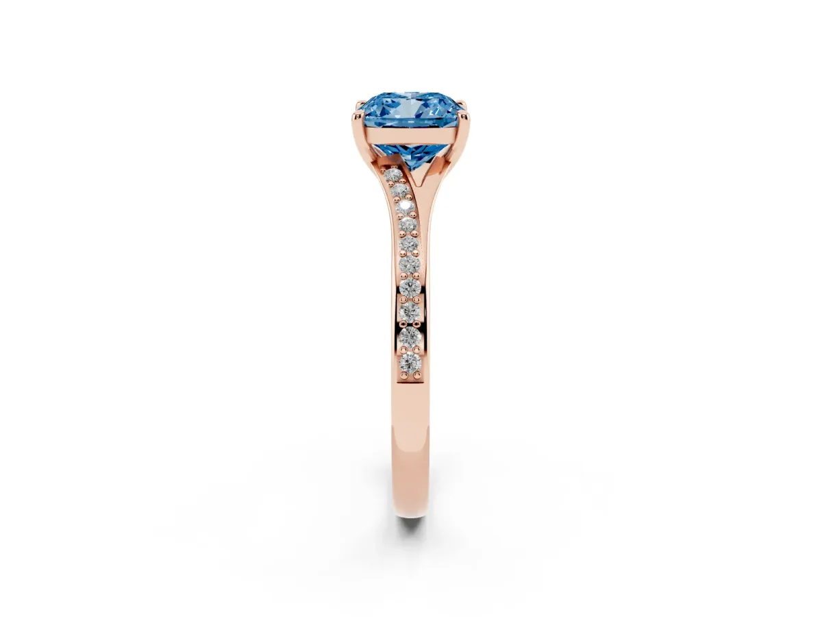 Fancy Blue Cushion Cut Diamond Solitaire Ring with Pavé Band and Prong Setting Rose gold