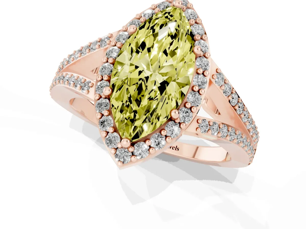 Fancy Yellow Marquise Cut Halo Split Shank Pave Diamond Ring with Four-Prong Setting Rose gold