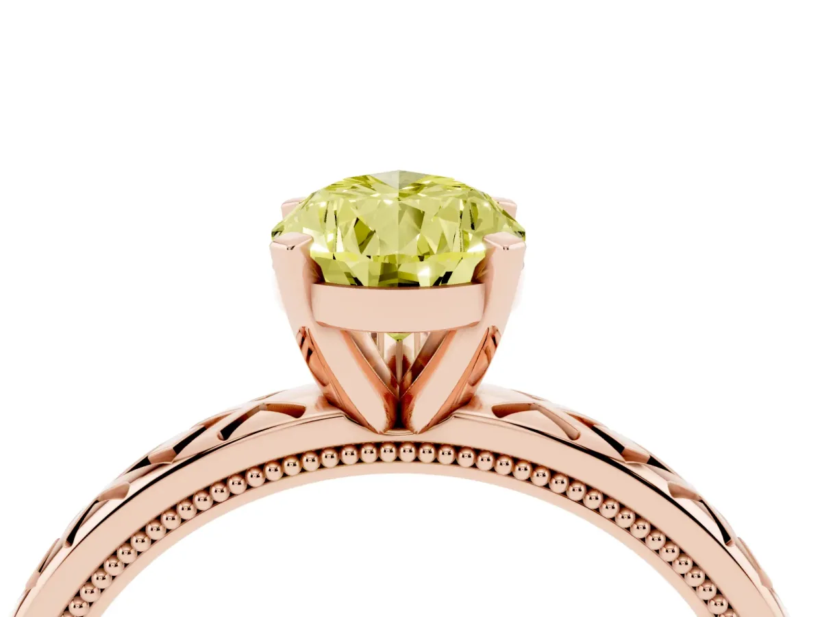 Fancy Yellow Pear Cut Solitaire Diamond Ring with Milgrain and Black Enamel X Pattern Band Rose gold