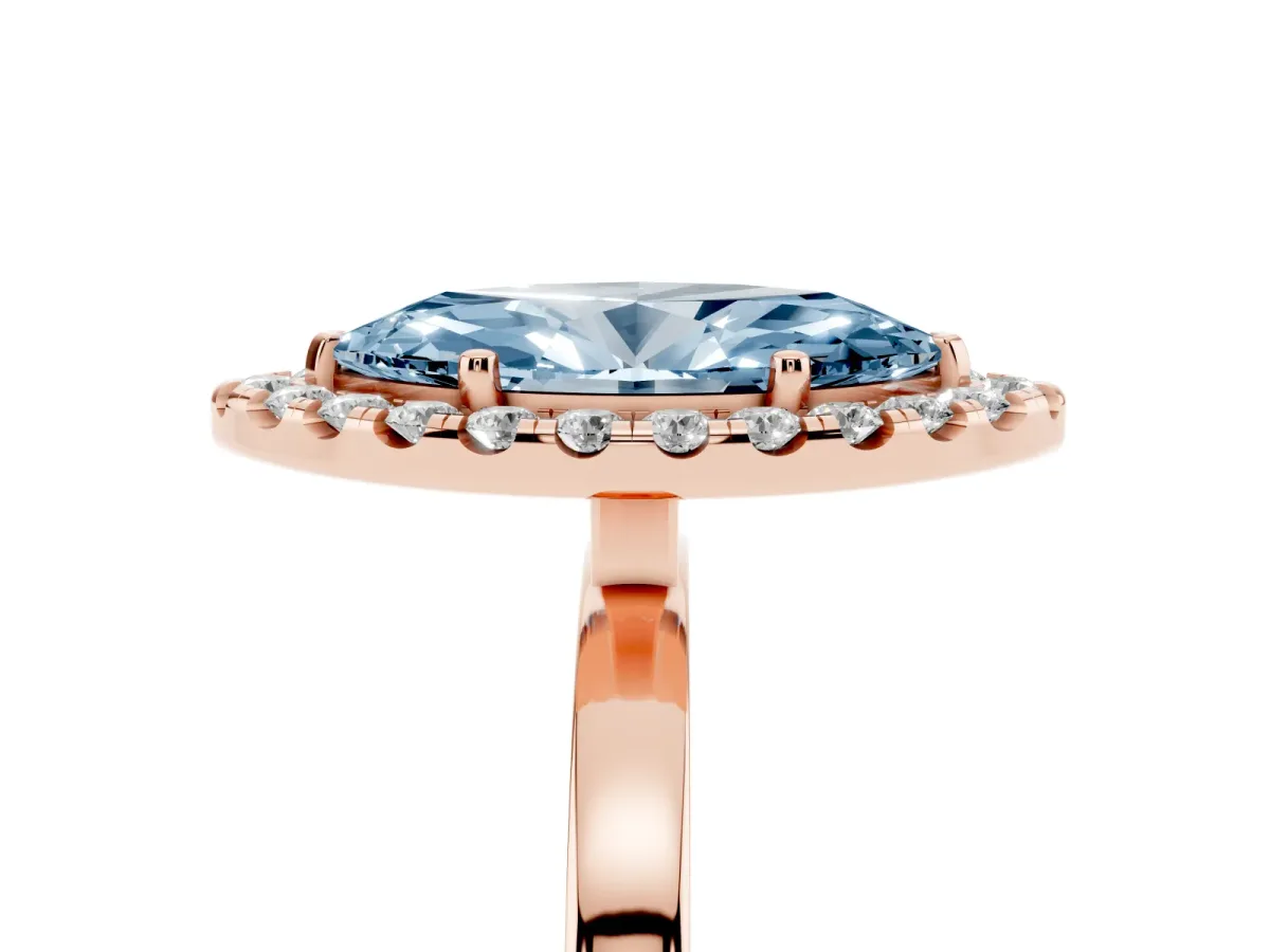 Fancy Blue Marquise Cut Halo Diamond Solitaire with Pavé Band and Four-Prong Setting Rose gold