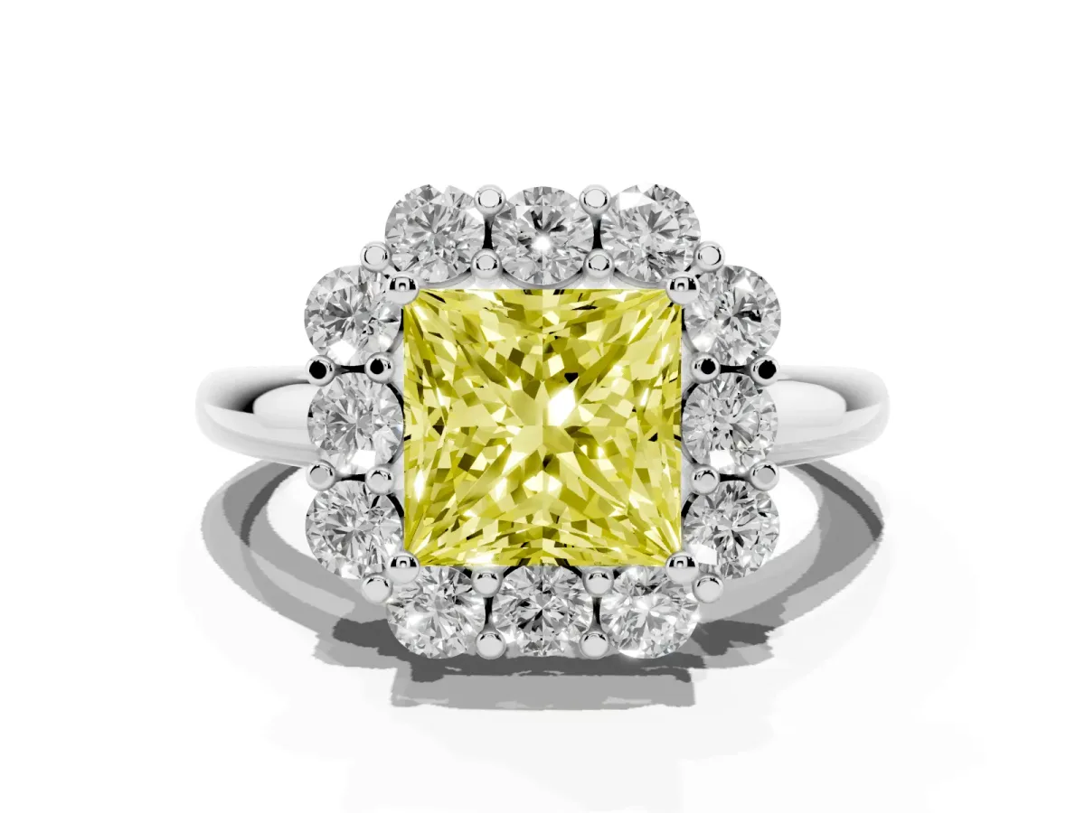 Fancy Yellow Princess Cut Halo Milgrain Solitaire with Bezel Set Side Stones and Pave Band Silver