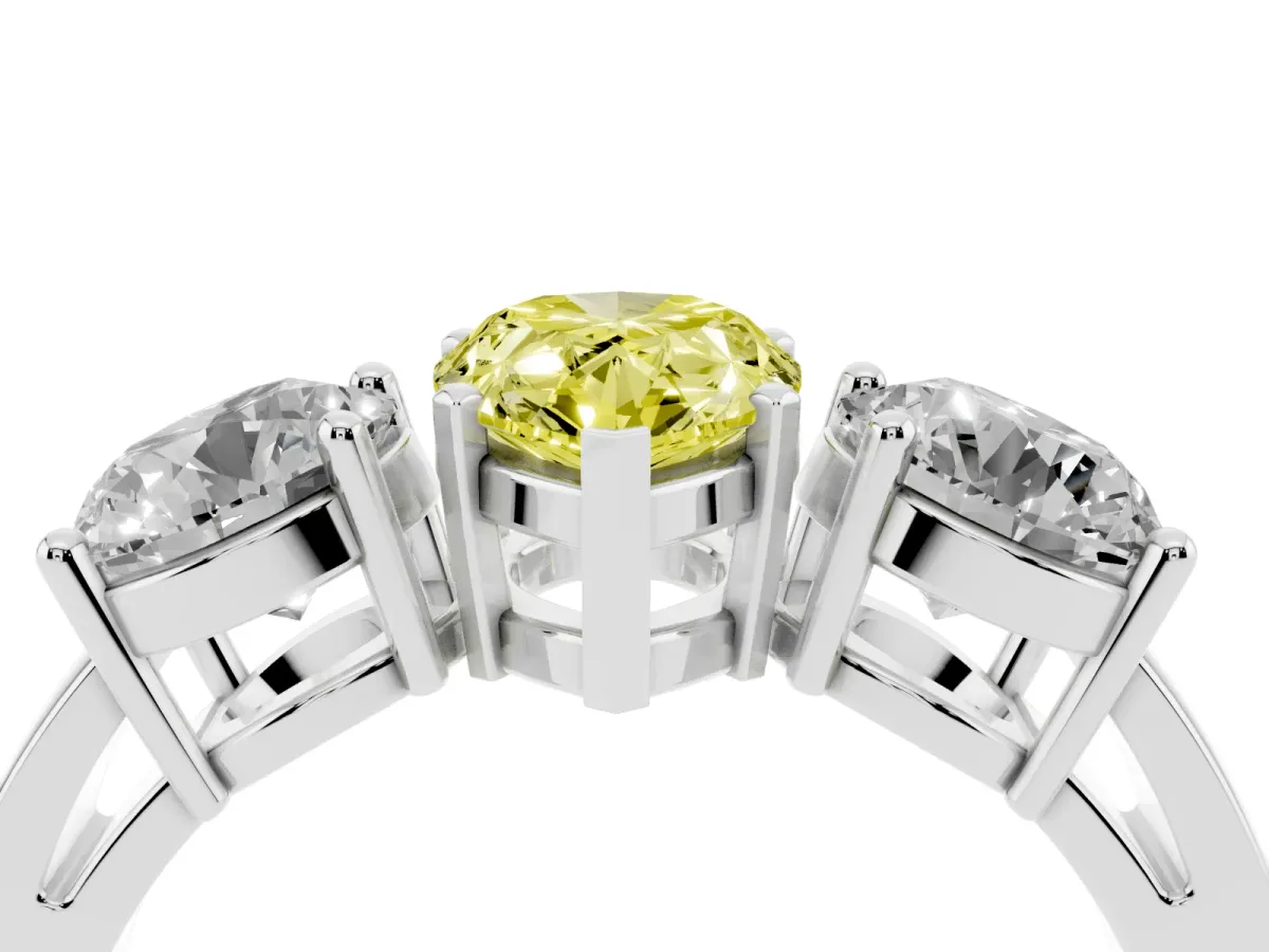 Fancy Yellow Three-Stone Pear Cut Diamond Ring with Round Side Stones, Classic Band, and Four-Prong Setting Platinum