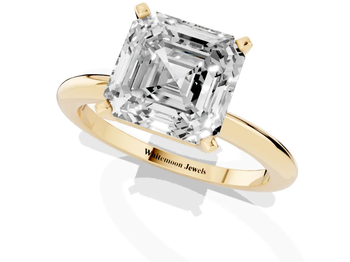 Asscher Cut Diamond Solitaire Ring with Prong Setting and Classic Band Yellow gold