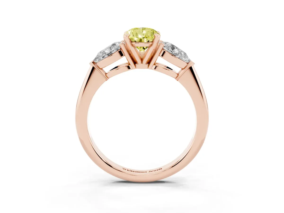 Fancy Yellow Three-Stone Pear Cut Diamond Ring with Pear Side Stones and Four-Prong Setting Rose gold
