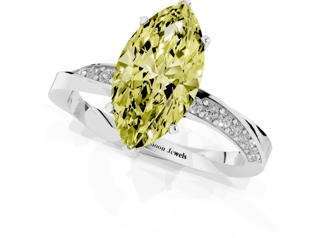 Fancy Yellow Marquise Cut Diamond Engagement Ring with Side Stone Accents and Four-Prong Setting Silver