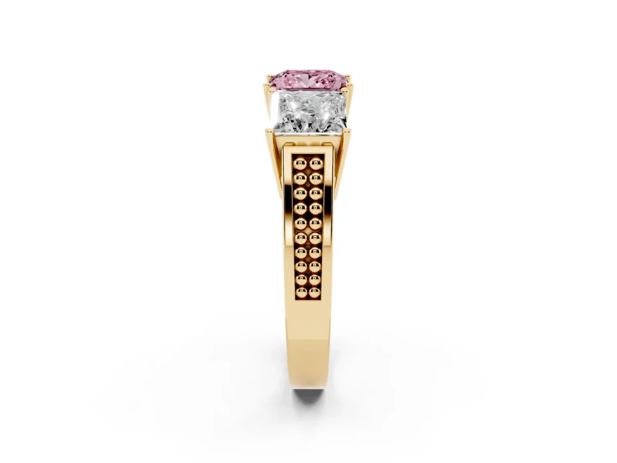 Fancy Pink Princess Cut Diamond Three-Stone Ring with Prong Setting and Textured Band Yellow gold