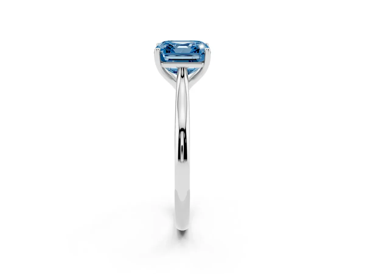 Fancy Blue Asscher Cut Cut Solitaire Ring with Cathedral Band and Four-Prong Setting Silver