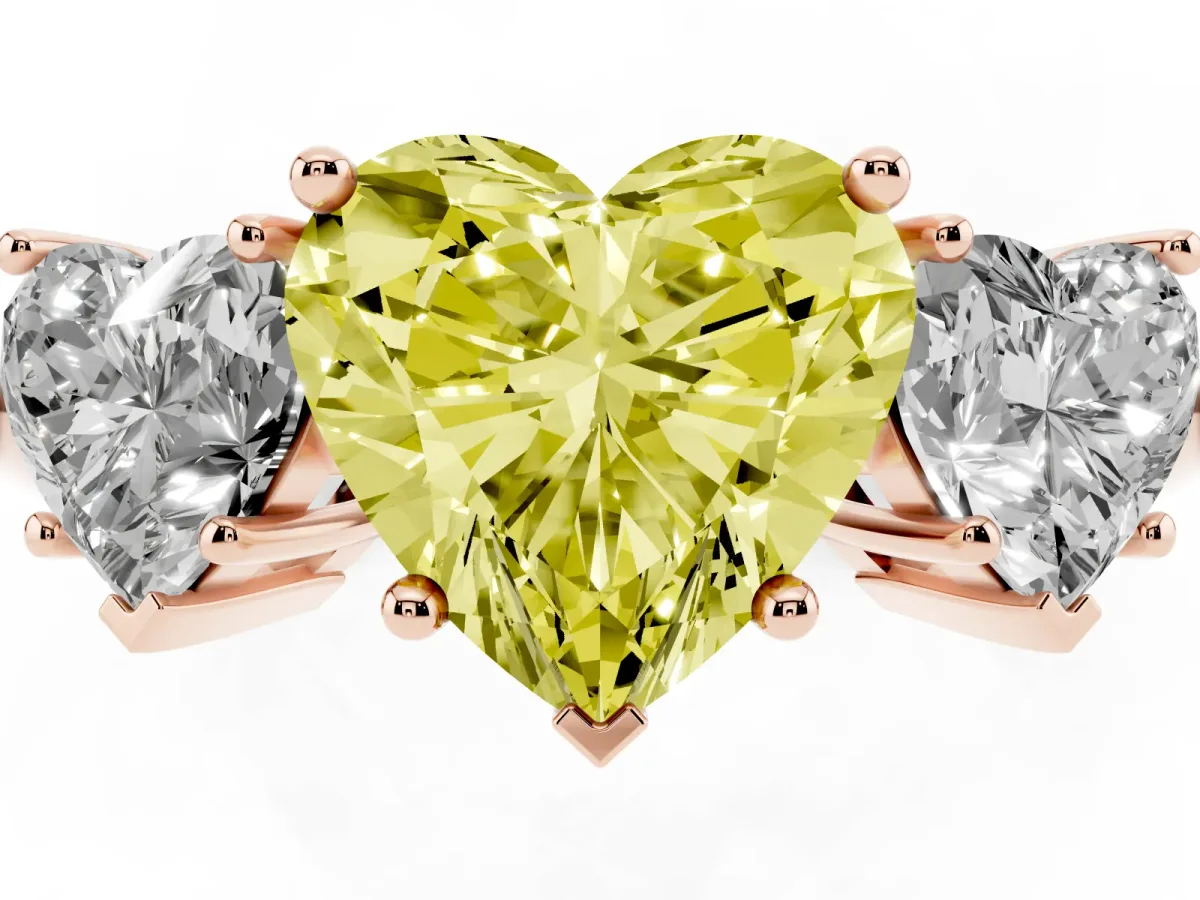Fancy Yellow Three-Stone Heart Cut Cut Diamond Engagement Ring with Prong Setting on a White Gold Band Rose gold