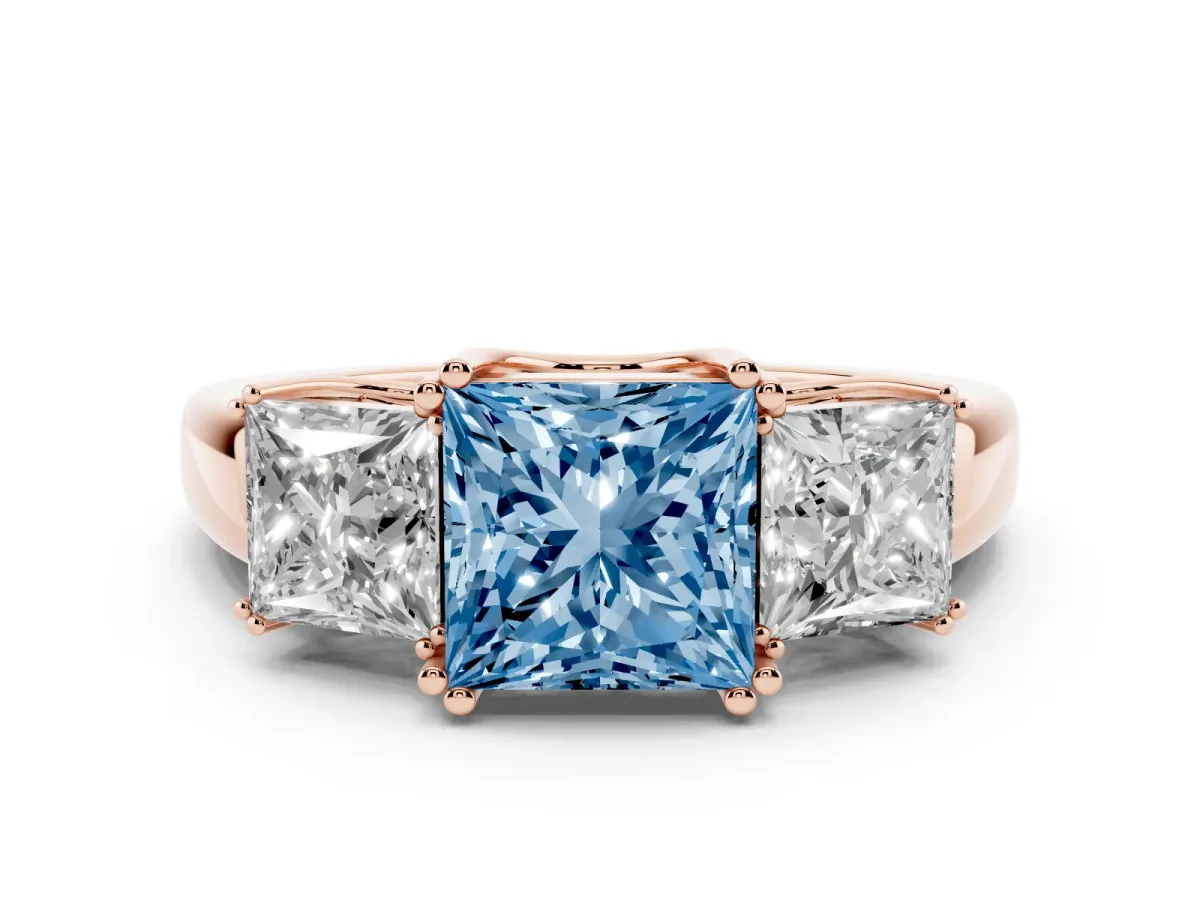Fancy Blue Three-Stone Princess Cut Cut Diamond Ring with Channel Set Band and Four-Prong Setting Rose gold