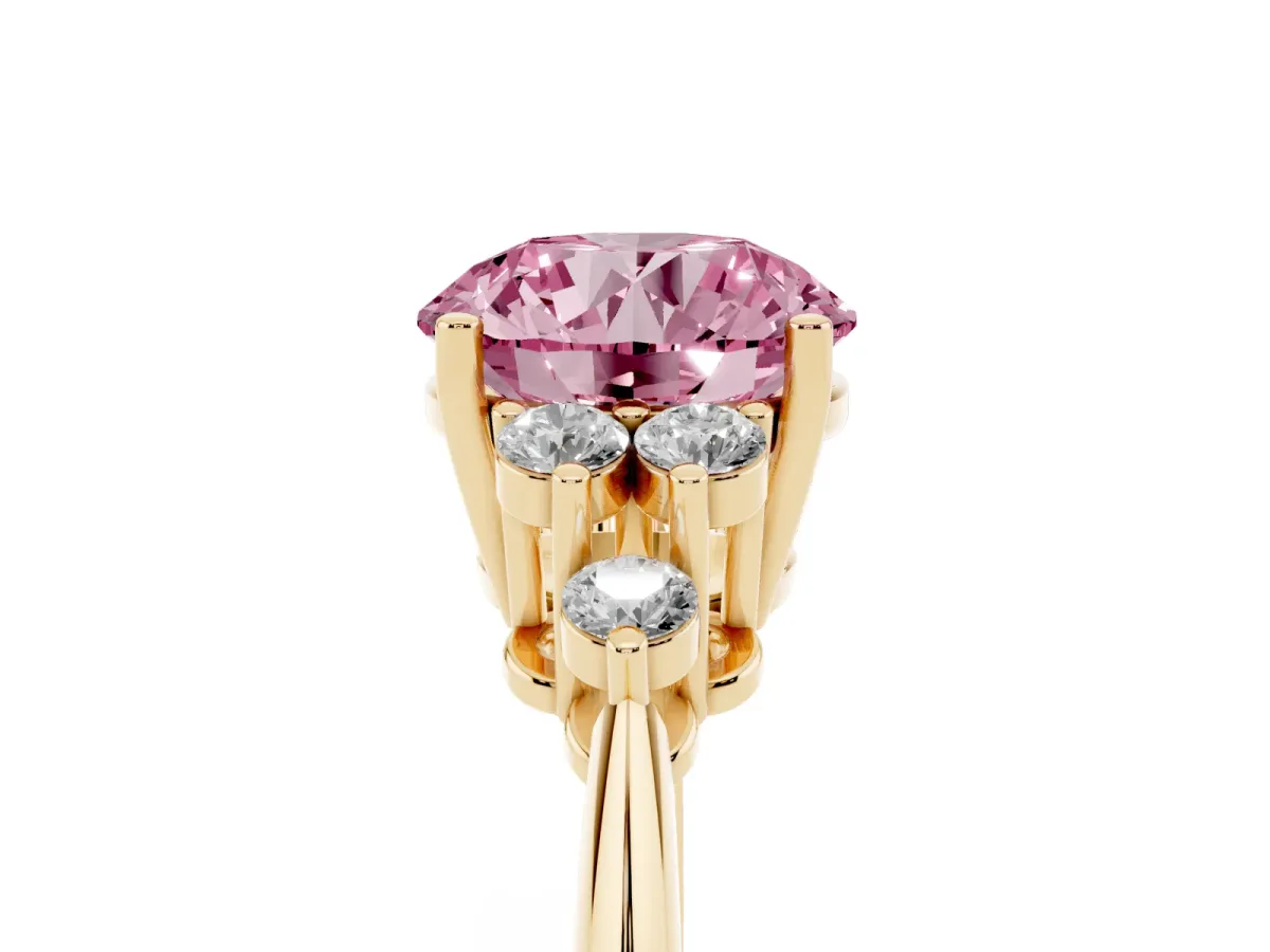 Fancy Pink Round Cut Cut Diamond Cluster Ring with Solitaire Band and Four-Prong Setting Yellow gold
