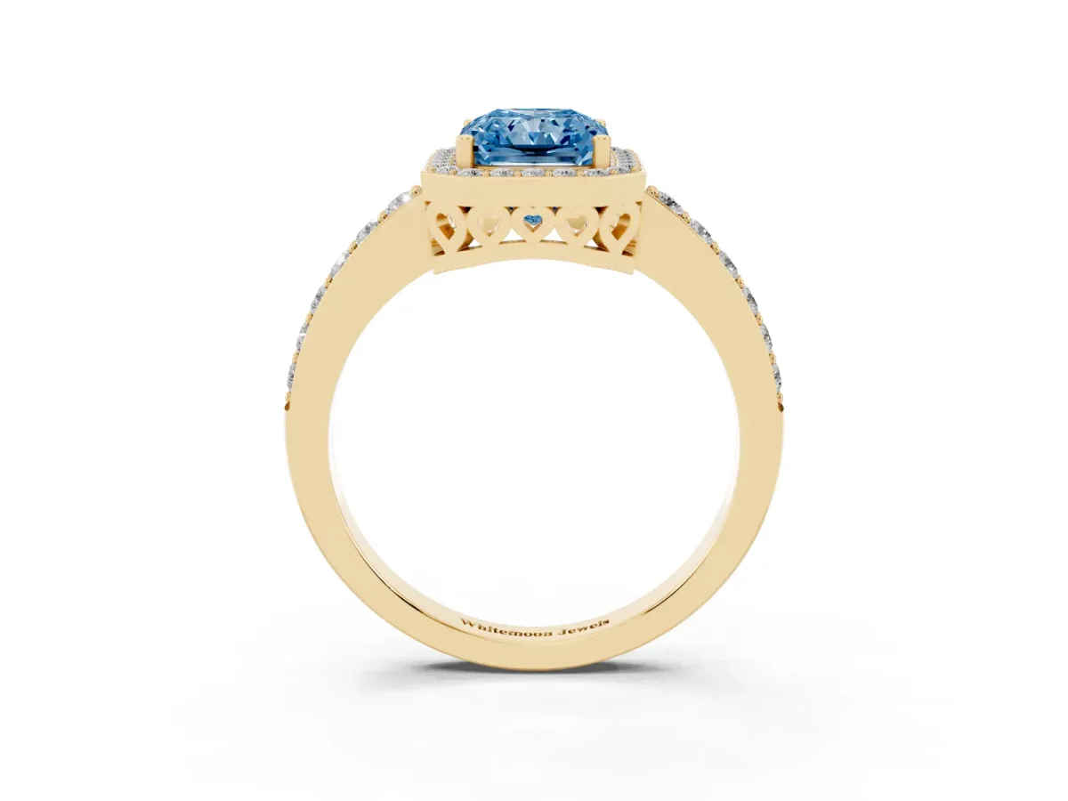 Fancy Blue Radiant Cut Halo Diamond Pavé Band Ring with Prong Setting Yellow gold