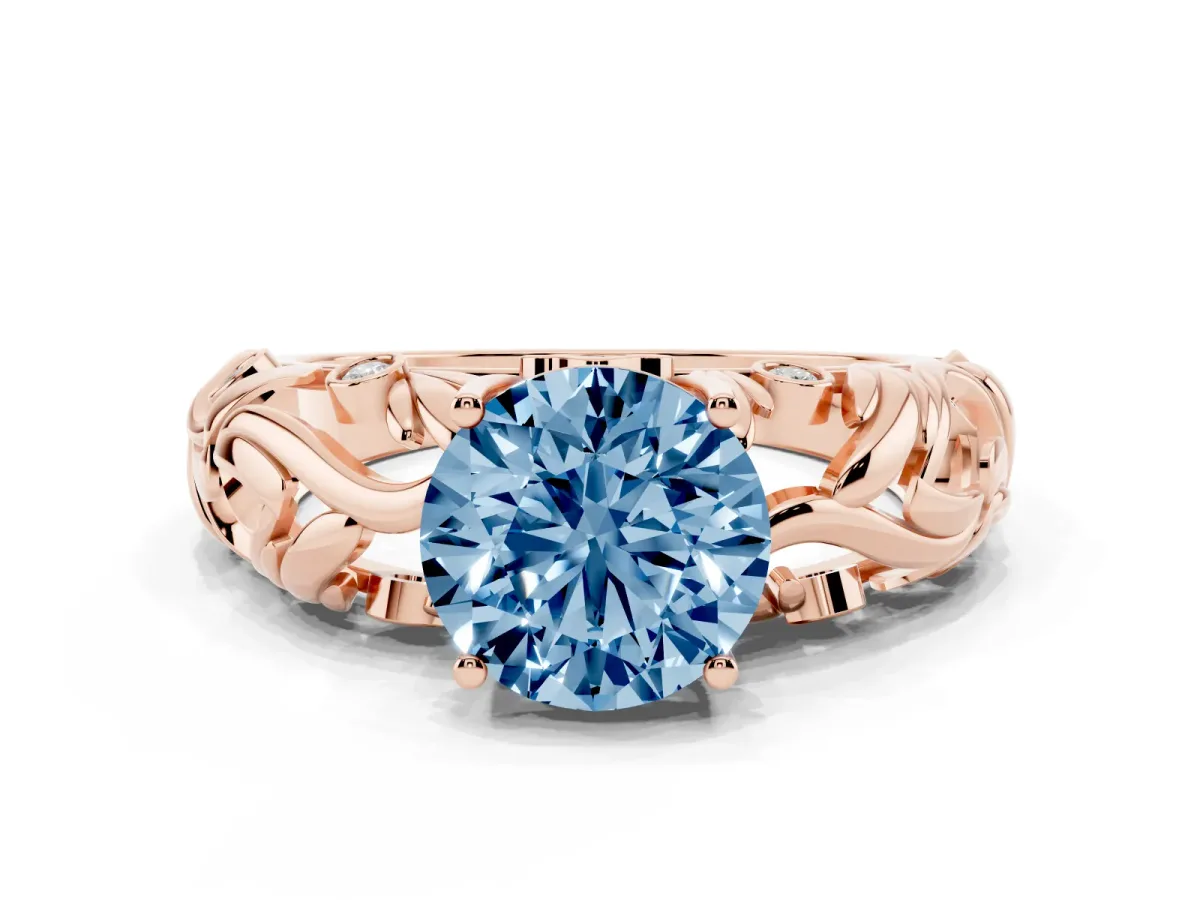 Fancy Blue Round Cut Solitaire Diamond Leaf-Inspired Vine Band Ring with Prong Setting Rose gold