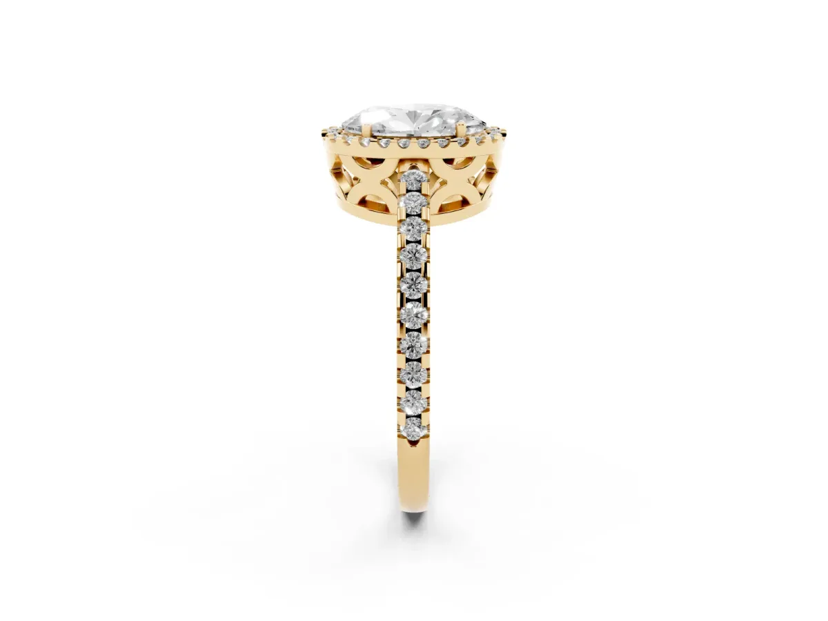 Oval Cut Diamond Halo Engagement Ring with Pavé Band and Prong Setting Yellow gold