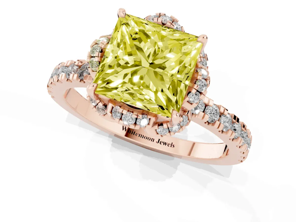 Fancy Yellow Princess Cut Diamond Halo Pave Band with Four-Prong Setting Rose gold