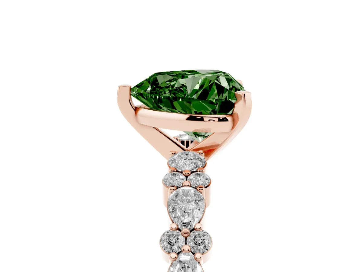 Fancy Green Heart Cut Diamond Side Stone Solitaire Ring with Round and Four-Prong Setting Rose gold