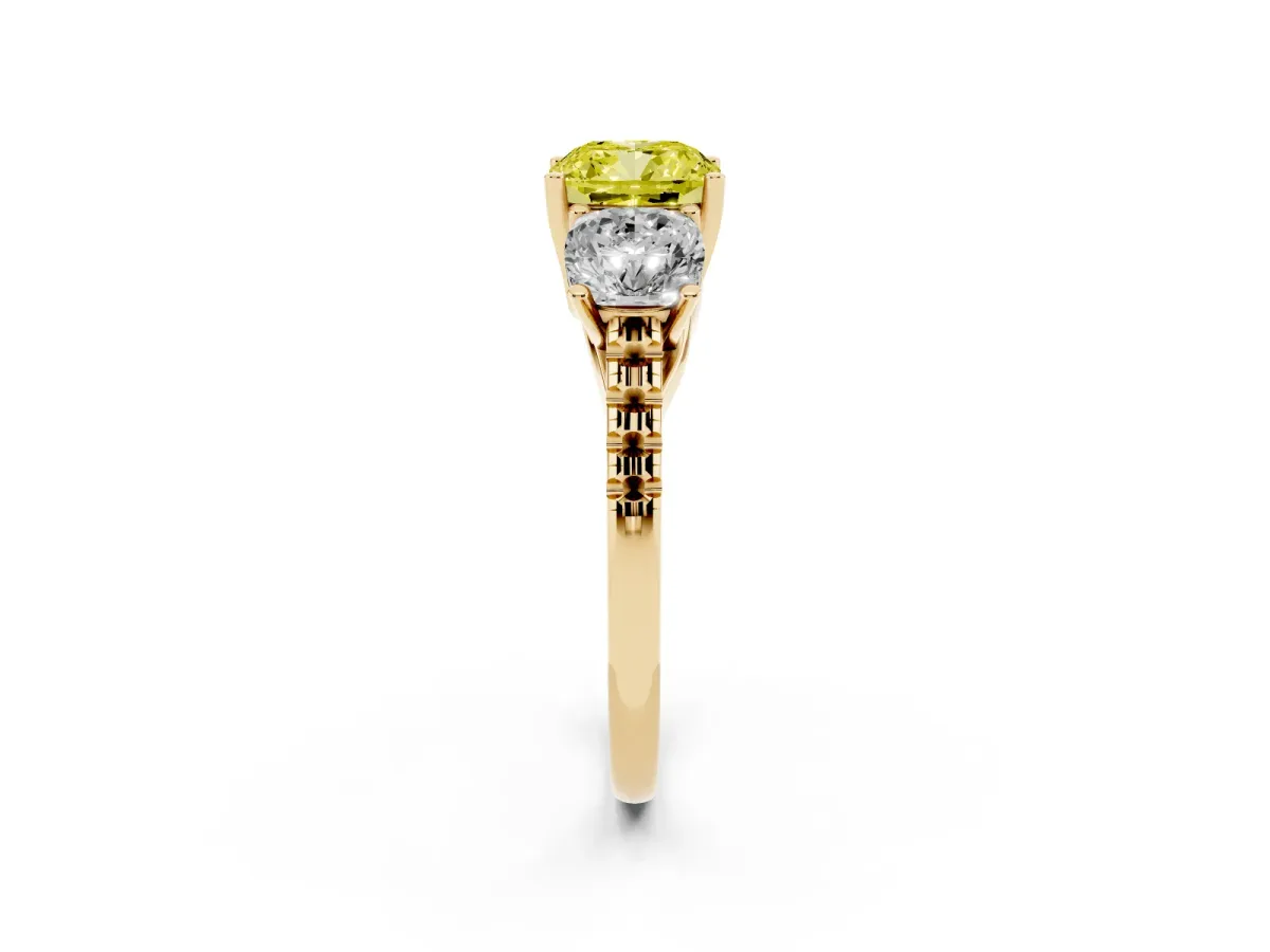 Fancy Yellow Three-Stone Cushion Cut Diamond Ring with Round Pavé Band and Prong Setting Yellow gold