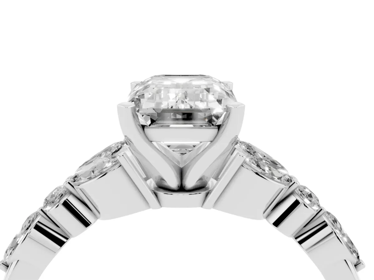 Emerald Cut Diamond Solitaire Ring with Side Stones and Four-Prong Setting Platinum