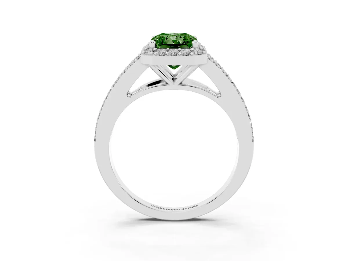 Fancy Green Radiant Cut Halo Split Shank Diamond Ring with Prong Setting Silver