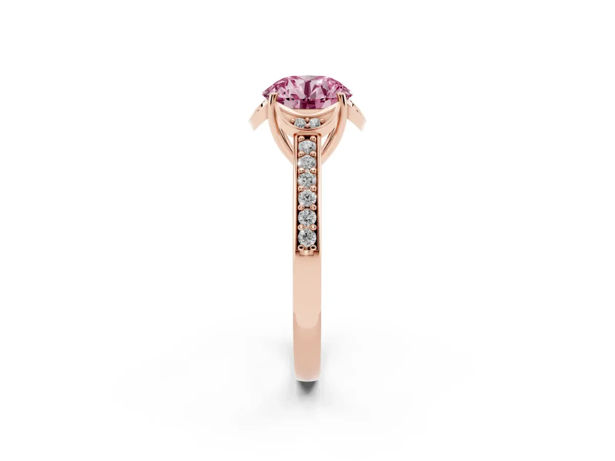 Fancy Pink Round Cut Cut Halo Diamond Ring with Channel Set Band and Four-Prong Setting Rose gold