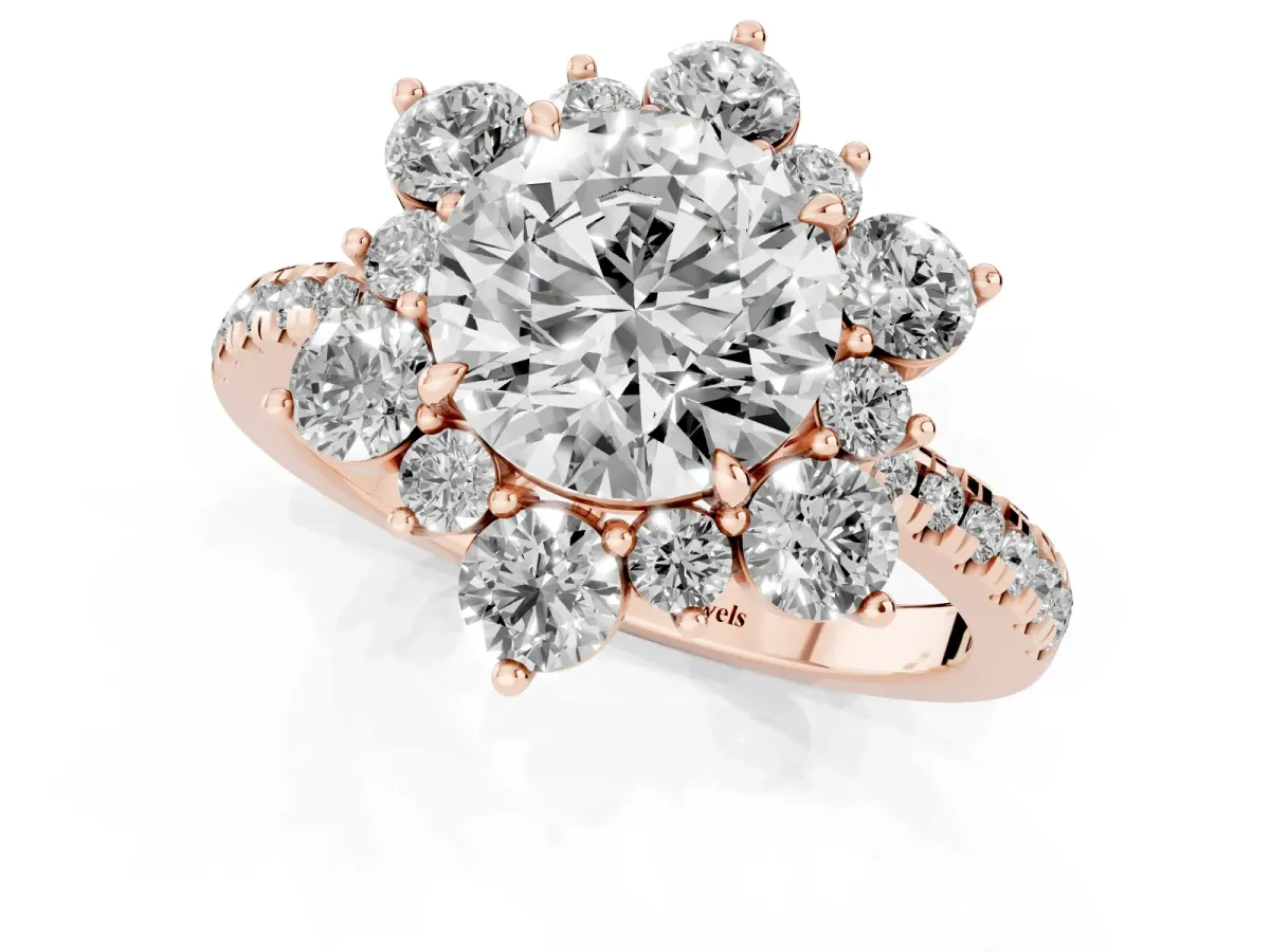 Round Cut Diamond Floral Halo Ring with Round Pavé Band and Prong Setting Rose gold