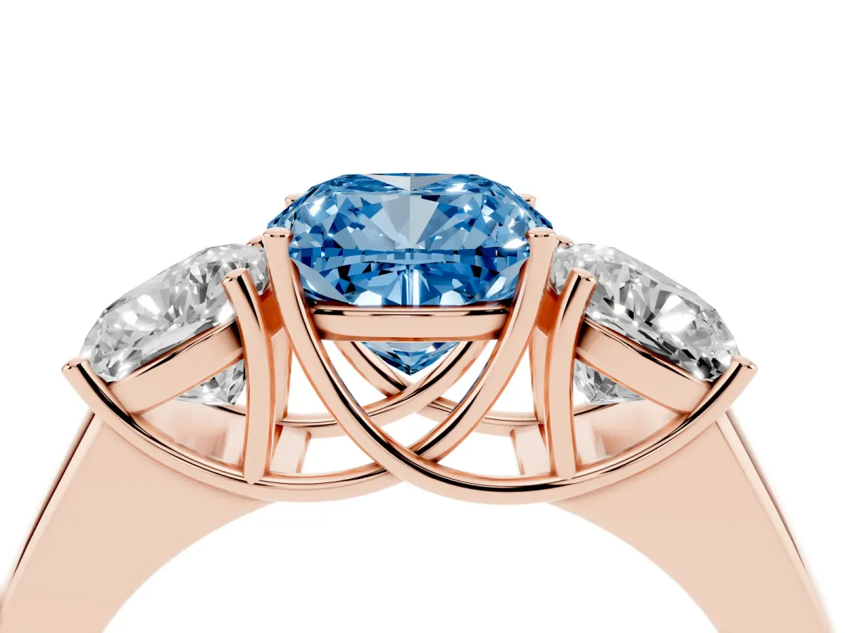 Fancy Blue Three-Stone Cushion Cut Cut Diamond Ring with Prong Setting and Classic Band Rose gold