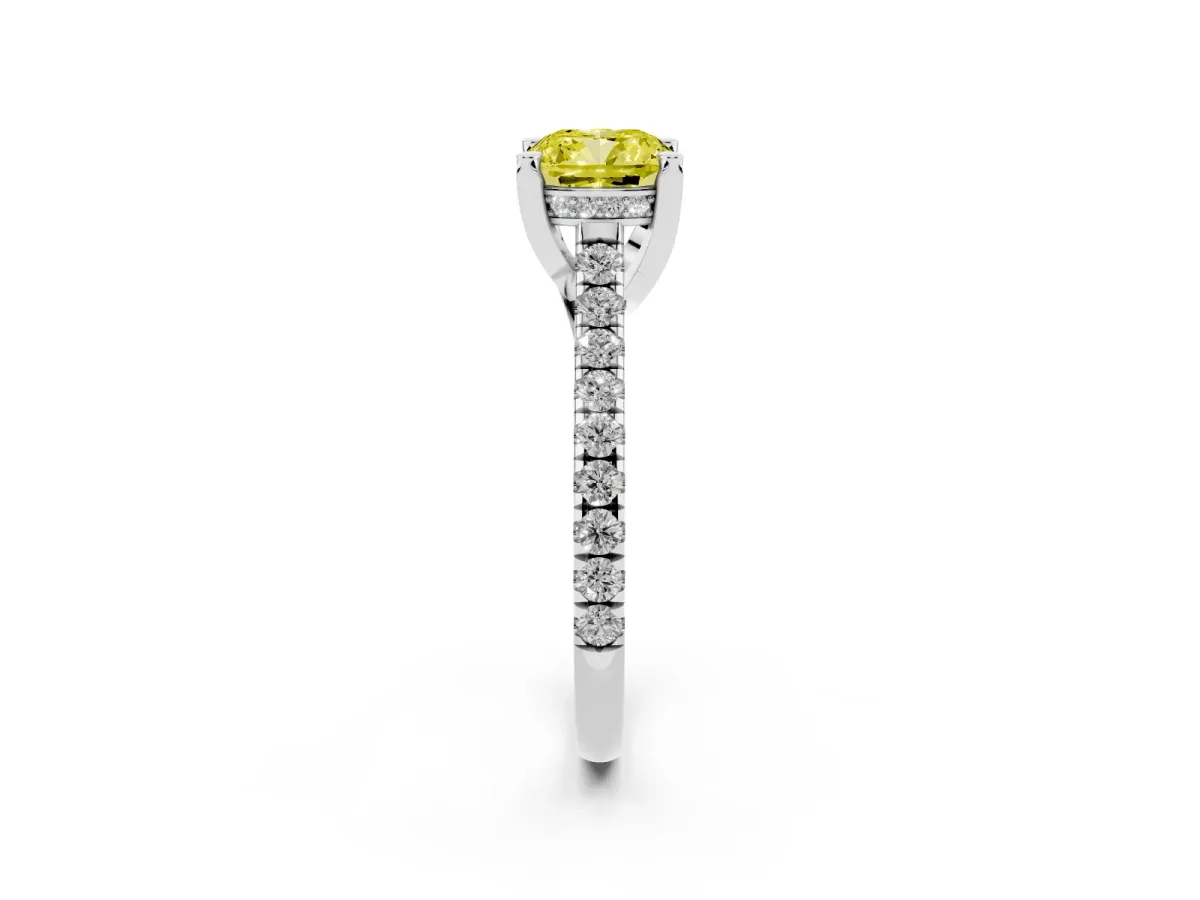 Fancy Yellow Cushion Cut Brilliant Diamond Solitaire with Pavé Band and Four-Prong Setting White gold