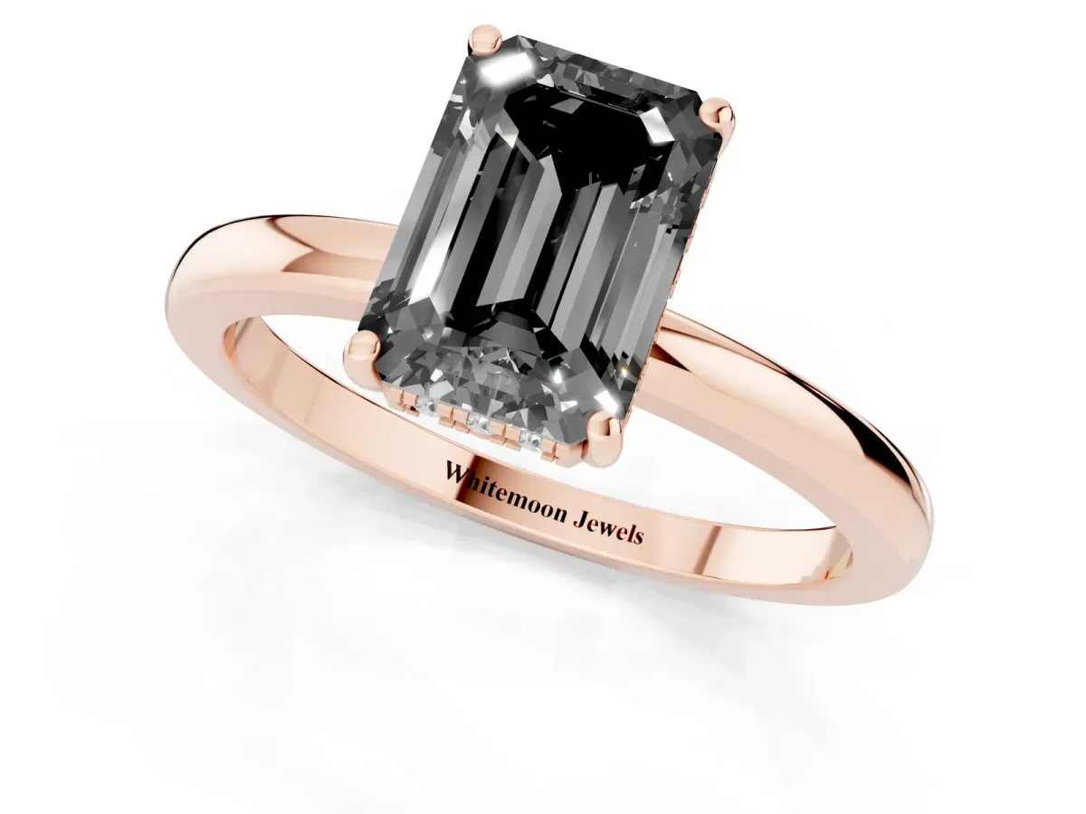 Fancy Black Emerald Cut Solitaire Diamond Ring with Prong Setting and Plain Band Rose gold