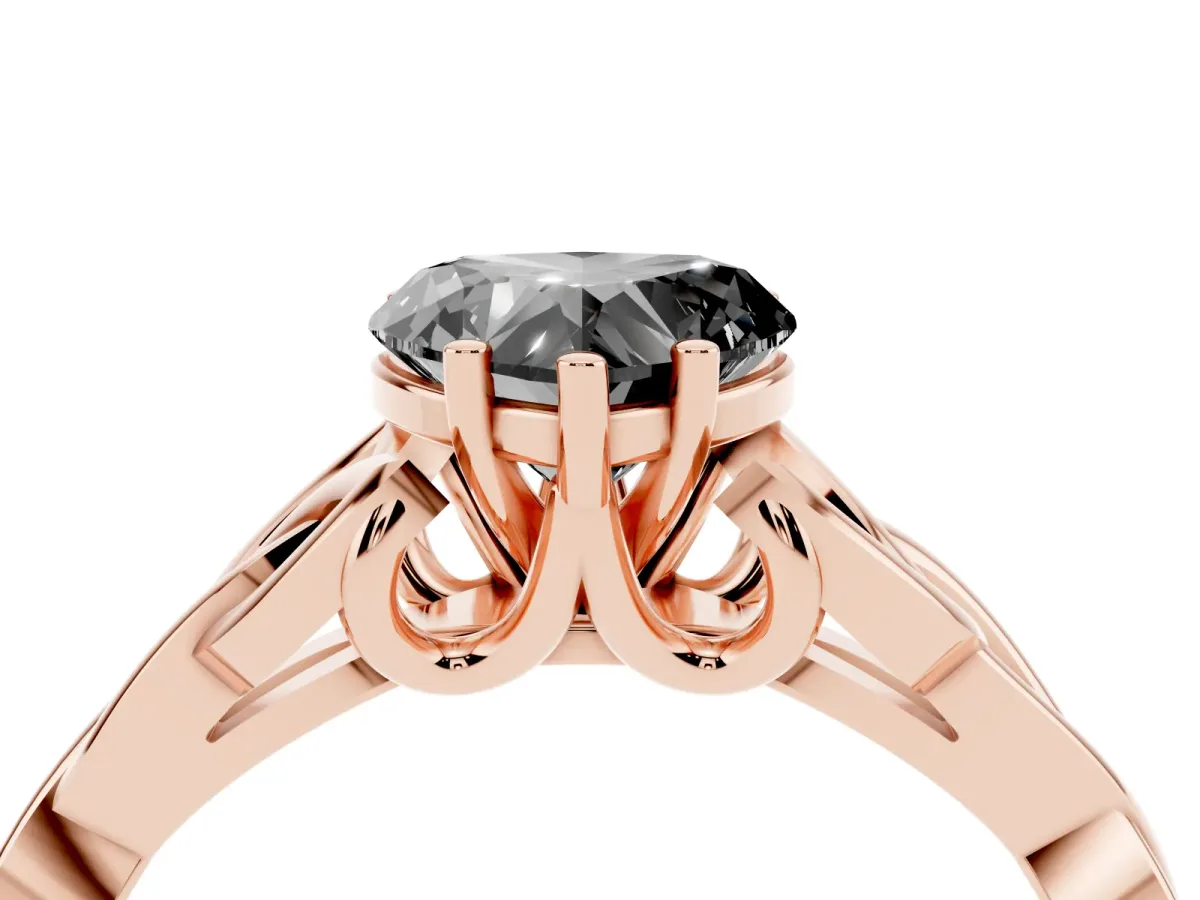 Fancy Black Heart Cut Diamond Solitaire Engagement Ring with Celtic Knot Band and Four-Prong Setting Rose gold