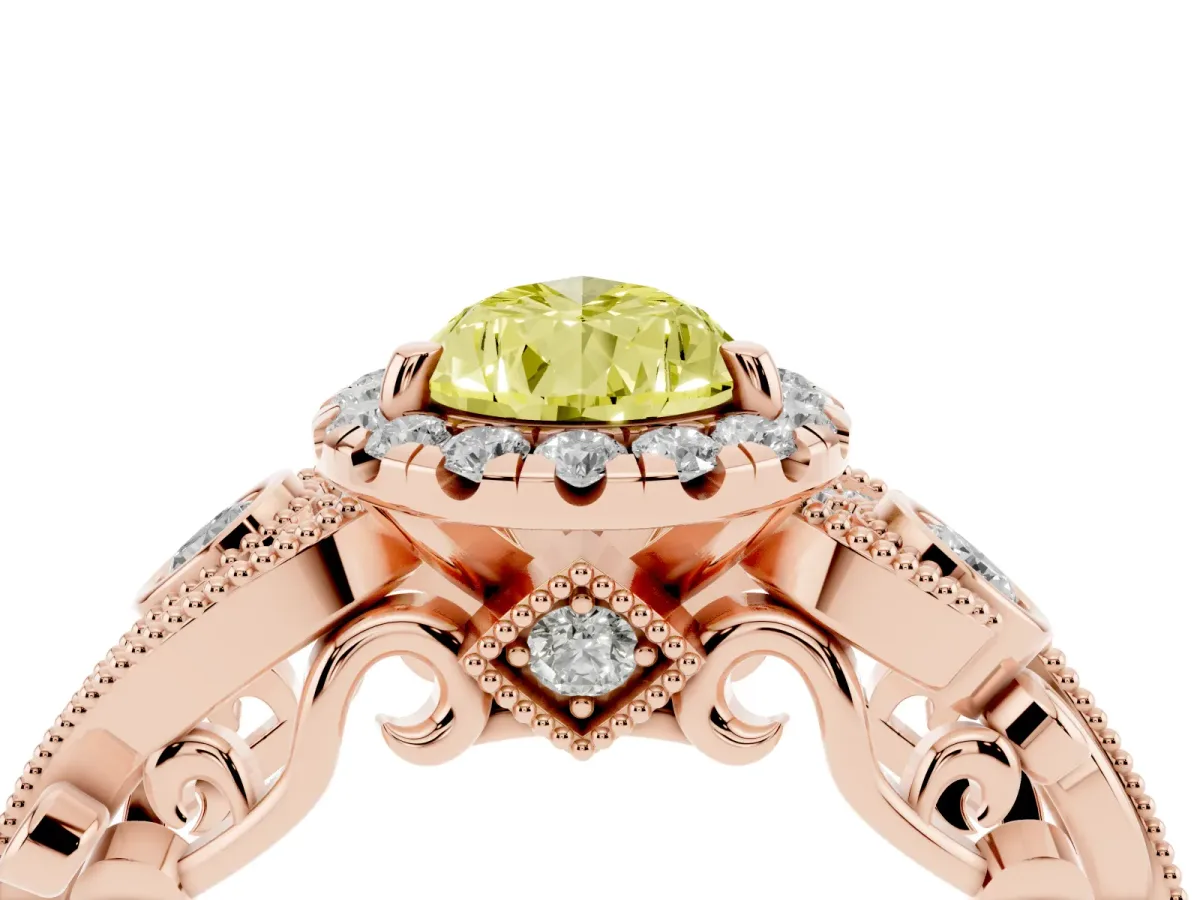 Fancy Yellow Pear Cut Halo Diamond Ring with Milgrain and Bezel Accents on a Split Shank Band Rose gold