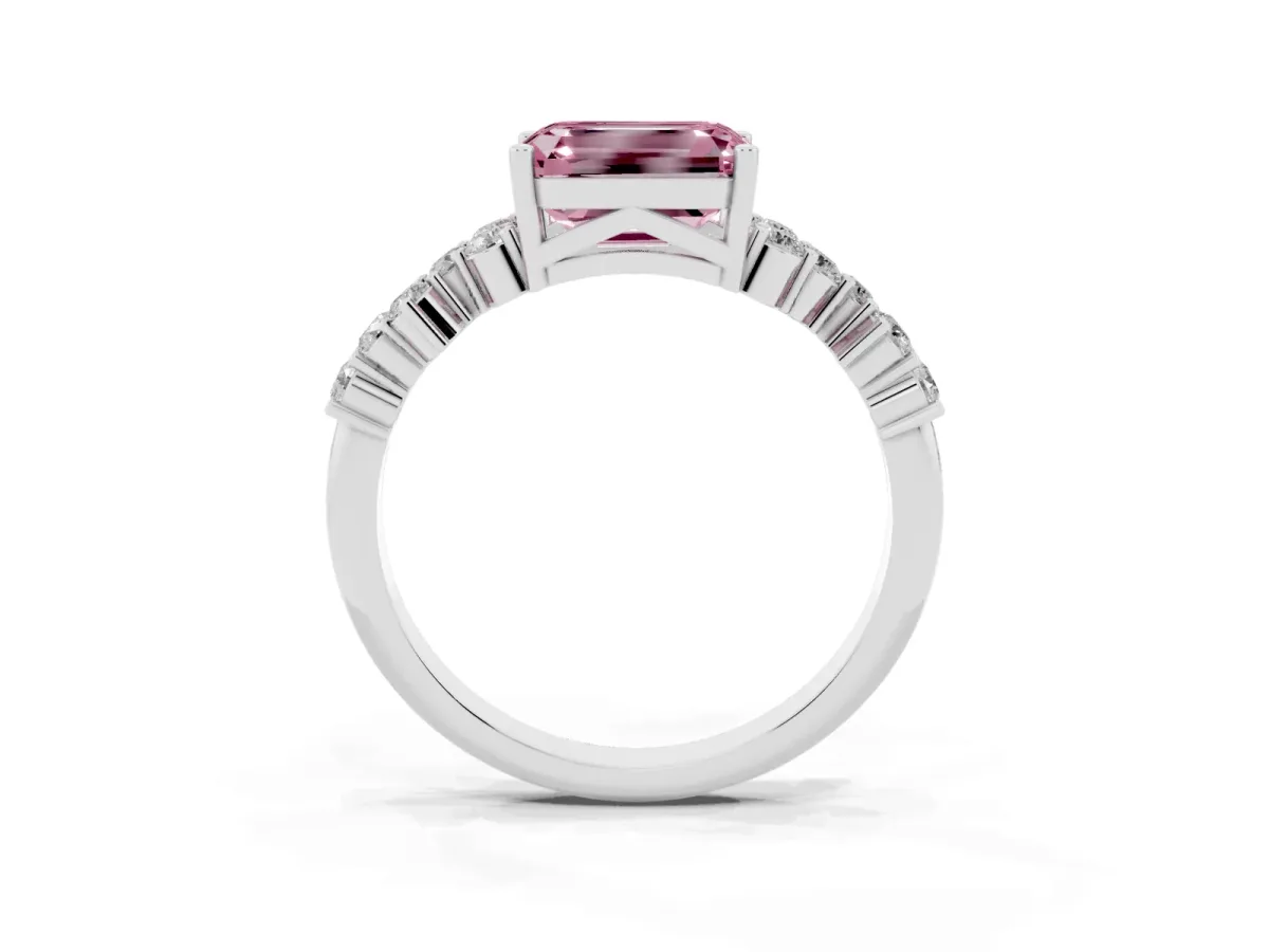 Fancy Pink Emerald Cut Diamond Scattered Round Accent Ring with Prong Setting Silver