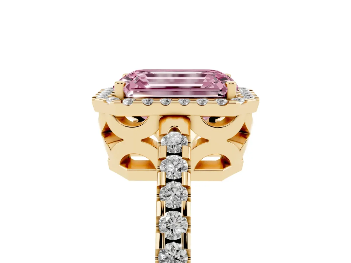 Fancy Pink Emerald Cut Diamond Halo Engagement Ring with Pavé Band and Prong Setting Yellow gold