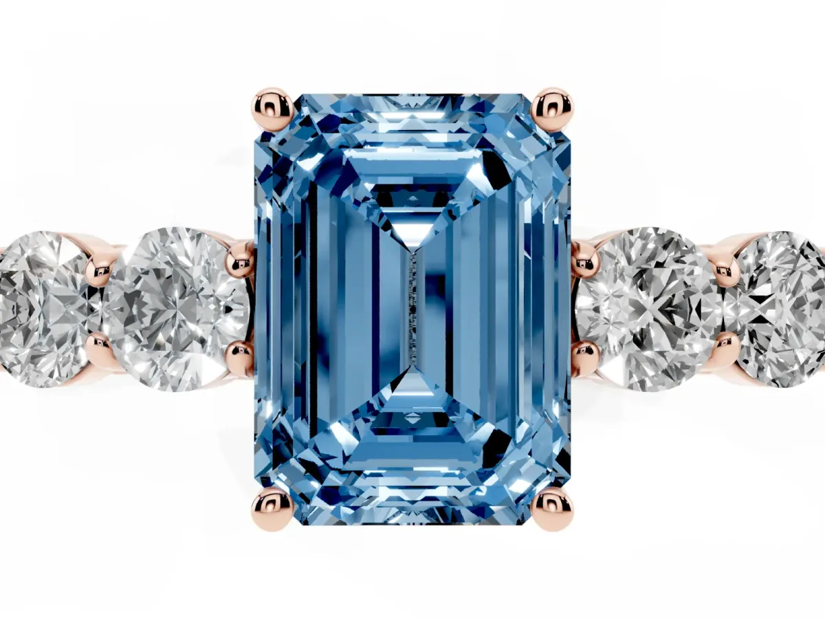 Fancy Blue Emerald Cut Cut Diamond Five-Stone Prong Set White Gold Ring Rose gold