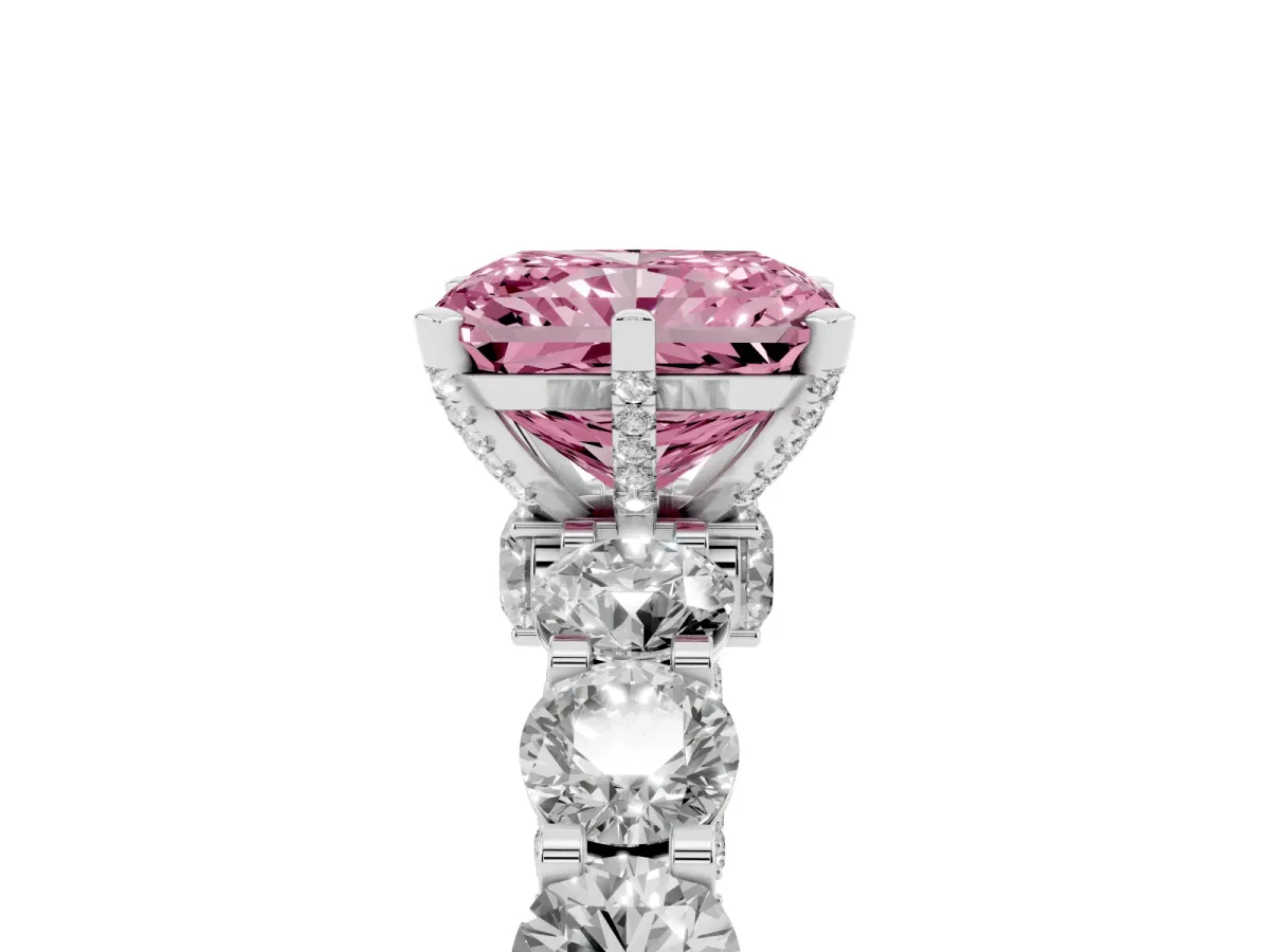 Fancy Pink Radiant Cut Diamond Side Stone Engagement Ring with Four-Prong Setting Silver