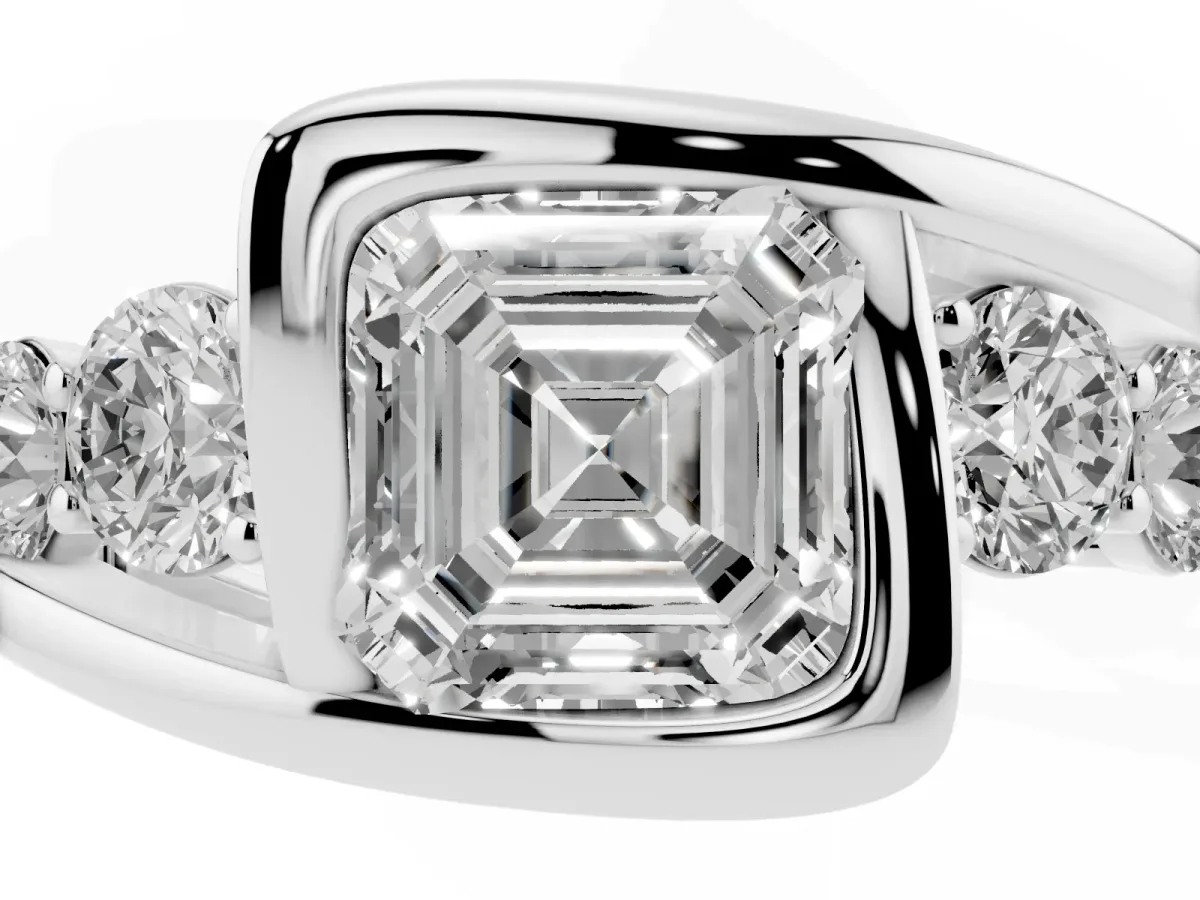 Bezel Set Asscher Cut Diamond Bypass Ring with Round Accents White gold