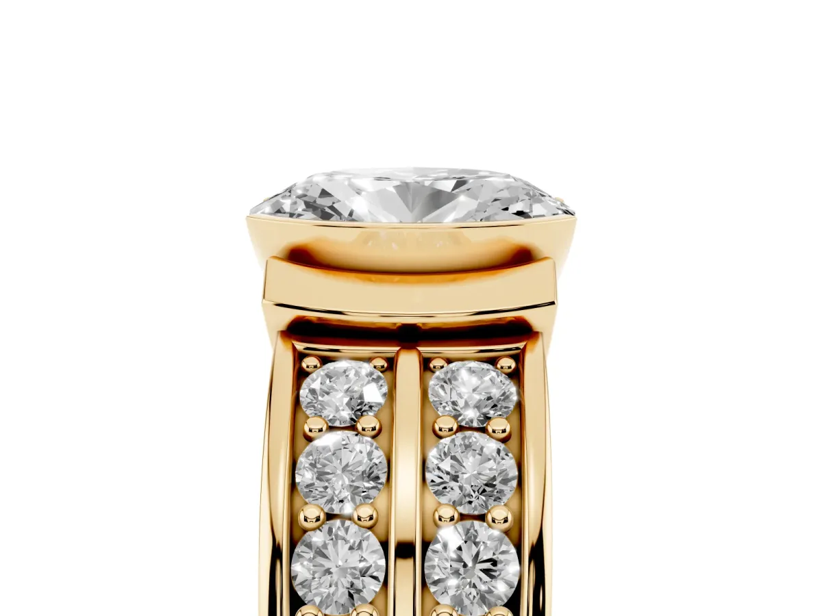 Oval Cut Brilliant Diamond Channel Set Wide Band Ring with Bezel Setting Yellow gold