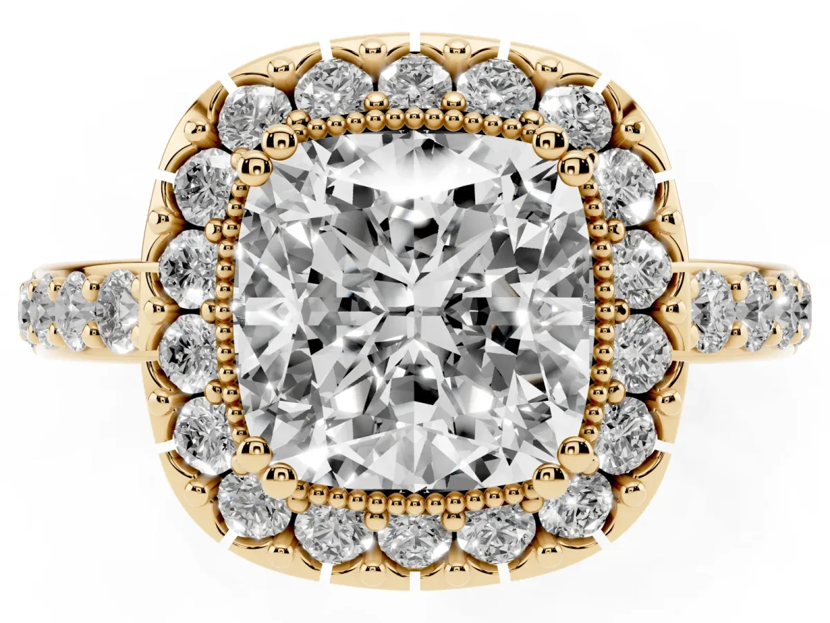 Cushion Cut Diamond Halo Ring with Pavé Band and Prong Setting Yellow gold