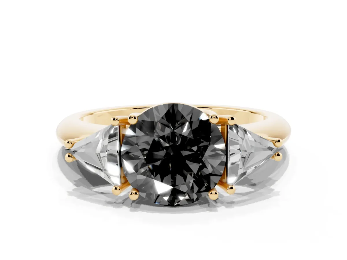 Fancy Black Three-Stone Round Cut Diamond Engagement Ring with Trillion Side Stones and Prong Setting Yellow gold