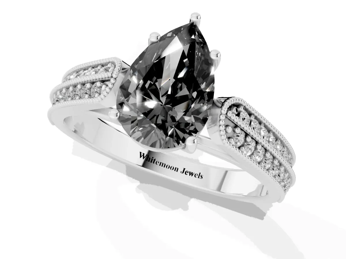 Fancy Black Pear Cut Cut Pave Split Shank Engagement Ring with Four-Prong Setting Silver