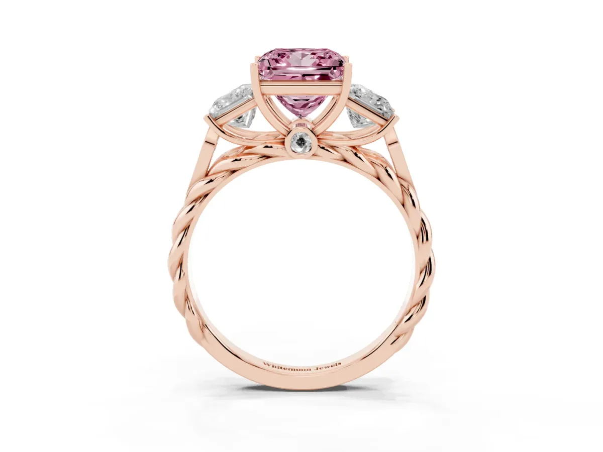 Fancy Pink Three-Stone Princess Cut Diamond Braided Band Ring with Four-Prong Setting Rose gold
