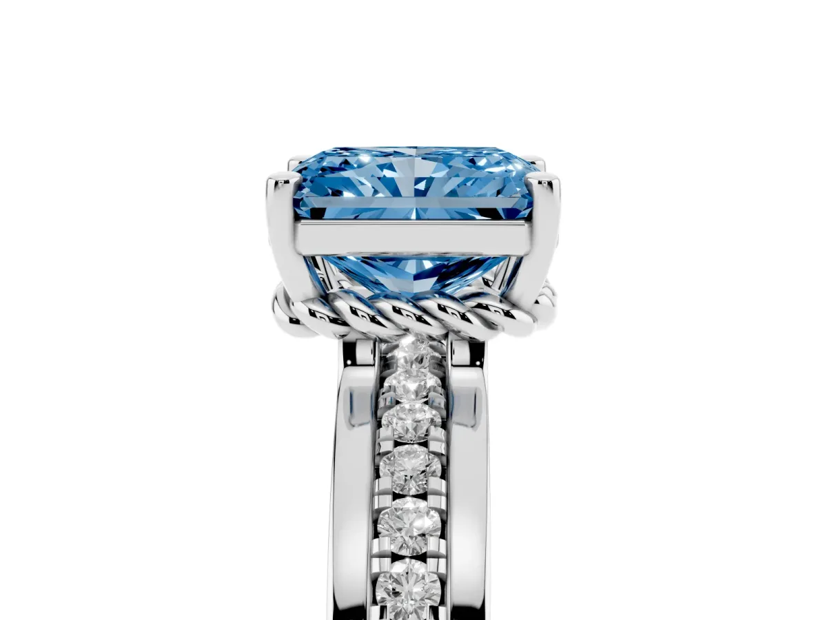 Fancy Blue Radiant Cut Solitaire Diamond Ring with Channel Set Band and Six-Prong Setting White gold