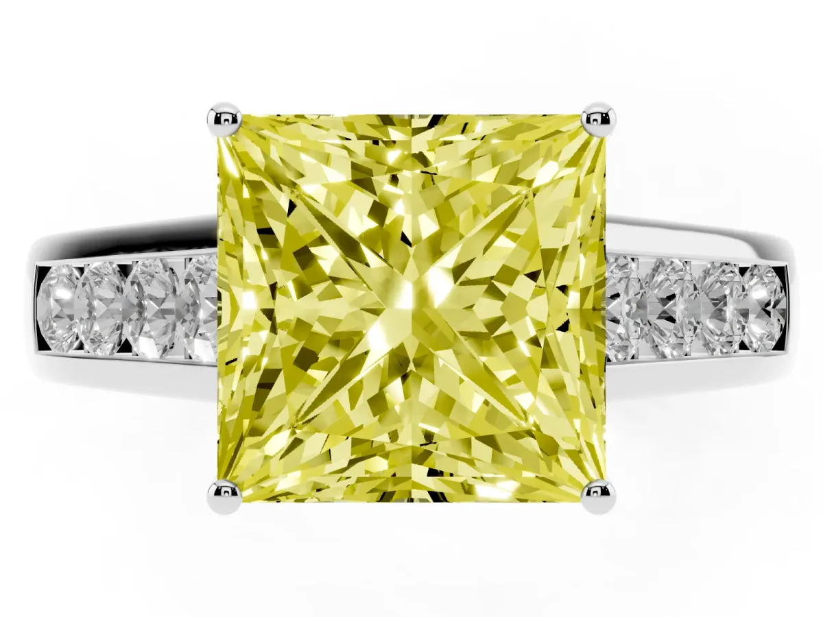 Fancy Yellow Princess Cut Solitaire Channel-Set Diamond Engagement Ring with Four-Prong Setting Silver